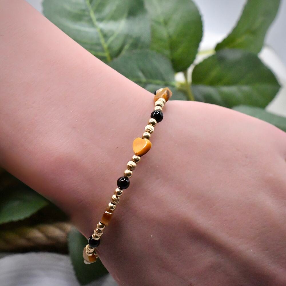 Vtg Estate 14K Yellow Gold Tigers Eye Onyx Bead Strand Bracelet 3.55g